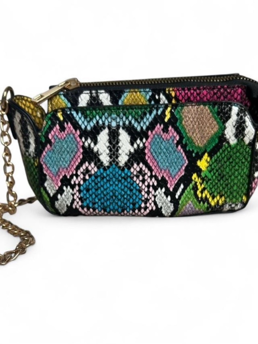 Multicolor Snakeskin-Print Purse With Gold Chain